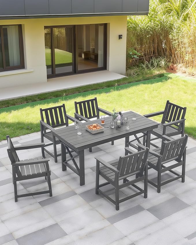 QUASCO Outdoor HDPE Dining Table Set, 7-Piece Outdoor Patio Dining Sets with Umbrella Hole Cut-Out Table and 6 Chairs for Backyard, Deck, Garden and Poolside, Gray