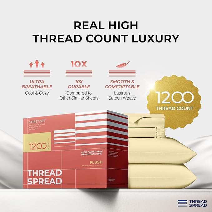 THREAD SPREAD 100% Egyptian Cotton Sheets Queen Size - 1200 Thread Count 4 PC Queen Sheet Set Egyptian Cotton, Sateen Weave Luxury Sheets Queen Size, High Thread Count Sheets, 17" Deep Pocket - Beige
