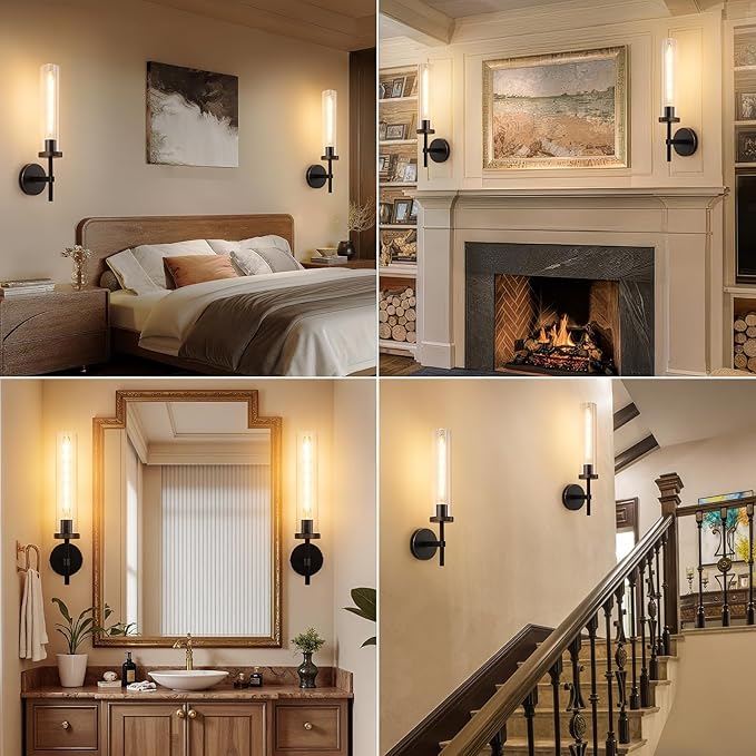 19.5" Knurled Brass Wall Sconce with Clear Glass Tube, Black Gold Bathroom Vanity Light Fixtures, Modern Lamp Lighting for Bedroom, Living Room, Hallway, Staircase, Mirror, Kitchen