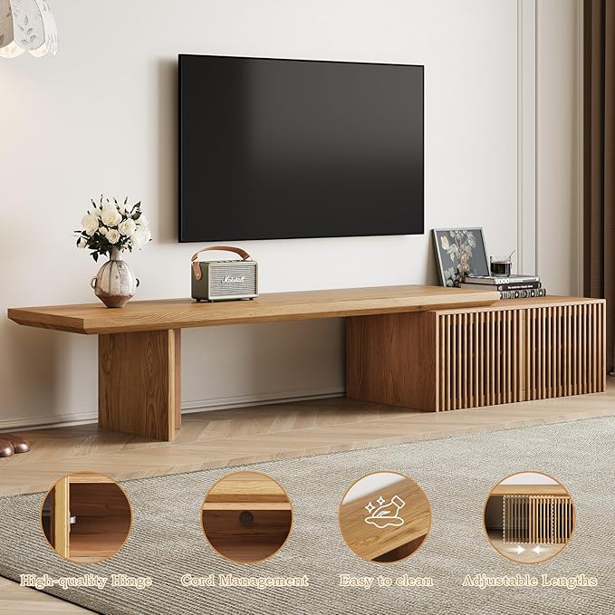Modern TV Stand, Entertainment Center with Storage, Extendable TV Media Console for Up to 55+ Inch, Minimalist Television Cabinet for Living Room/Bedroom - Wood Color (78.7"-110" Extendable)