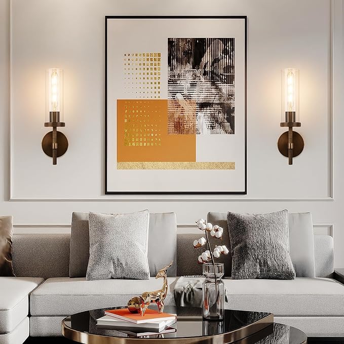 15" Knurled Brass Wall Sconces Set of 2, Bronze Bathroom Vanity Light Fixtures with Clear Glass Tube, Modern Lamp Lighting for Bedroom, Living Room, Hallway, Staircase, Mirror, Kitchen