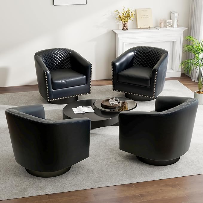 Swivel Barrel Accent Chair, Comfy Modern Upholstered Round Faux Leather Arm Chair for Living Room, Bedroom（Black, Set of 1