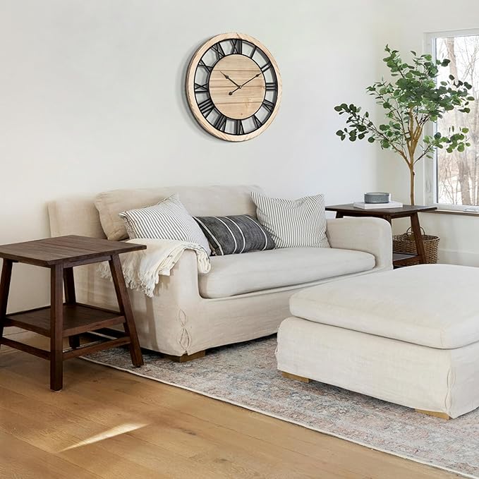 LEIKE 20 Inch Large Wall Clock - Rustic Wooden Silent Non-Ticking Wall Clock with Black Metal Frame, Vintage Farmhouse Decorative for Living Room, Bedroom, Kitchen - Roman Numerals, Modern Design