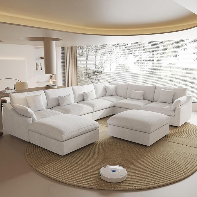 Cloud Modular Sectional Sofa, 160" U Shaped Modular Couch with Storage Ottoman, Down Filled Convertible Sofa,Wide 8 Seater Couch for Living Room, White