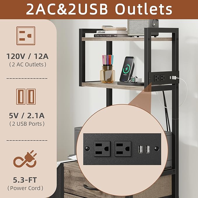 3 Drawer File Cabinet with Charging Station, 3-Tier Tall Filing Cabinet for Home Office, 11''*16'' for Small Printer, Fabric Drawer Fits A4/Letter, Printer Stand 45''H, Grey