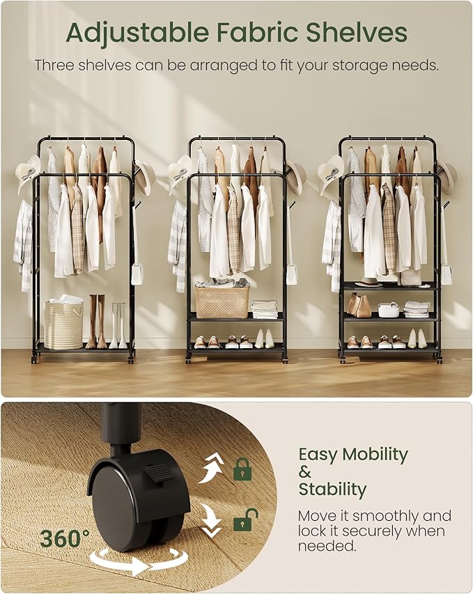 Clothes Rack, 3-Tier Rolling Garment Rack, Dual-Rod Clothing Rack with Hooks and Wheels, Y-Shaped, Freestanding Clothing Hanging Organizer, for Bedroom, Living Room, Laundry Room Black TYM07BB