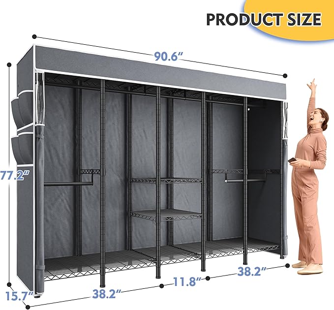 Raybee 90.6" W Clothes Rack with Cover Heavy Duty Clothing Rack with Cover Loads 1200LBS Freestanding Garment Rack for Bedroom, Black