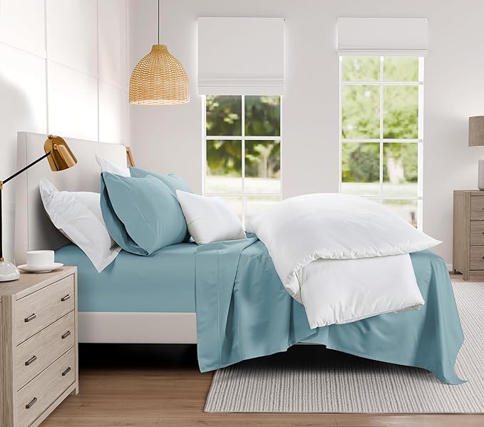 100% Cotton Sheets For King Size Bed, Certified 1000 TC Deep Pocket King Sheet Set, Elasticated Sheet & Pillowcase Sets, No Pill & Shrink, Soft & Comfy Naturally Cool & Breathable- French Blue