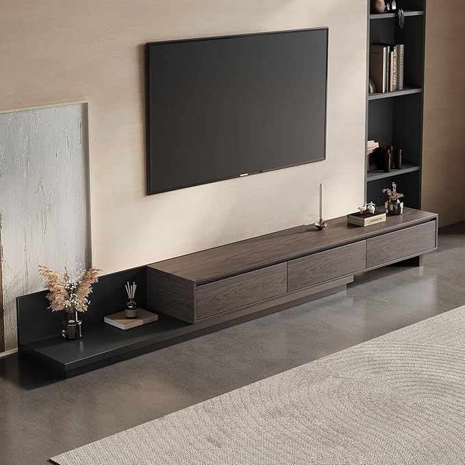 Mid-Century Modern Expandable TV Stand with 3 Drawers – Adjustable Entertainment Center for Living Room & Bedroom (79" to 130"), Stylish Black Walnut Media Console