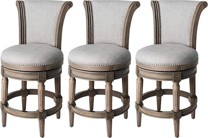 Maven Lane Pullman Counter Stool 26 Inches – Set of 3 – Swivel Stools with Footrest – Grey Solid Wood Frame & Grey Fabric Upholstery – Perfect for Kitchen Islands & Counters