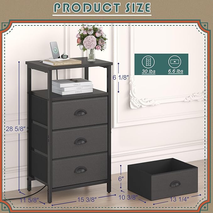 Nightstand with Charging Station,LED Black Nightstand with 3 Fabric Drawers PU Finish, Bedside End Tables, 2-Tier Open Storage Shelf Side Table Nightstand with Drawers for Bedroom,Black