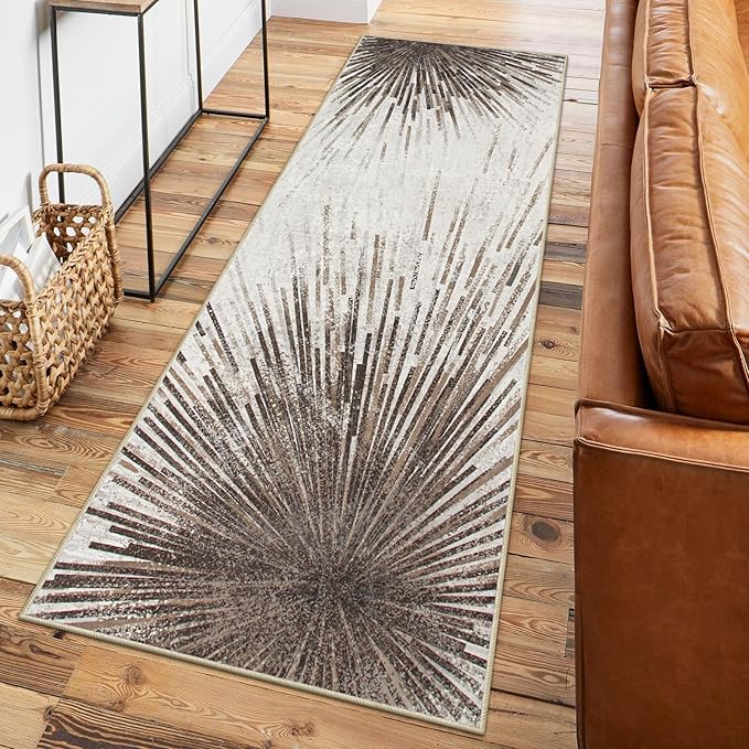 Lahome Modern 2.5x8 Washable Runner Rug, Non-Slip Stain Resistant Ultra-Thin Kitchen Hallway Runner, Abstract Print Carpet Rug for Hallway Bedroom Laundry - Brown/Gray