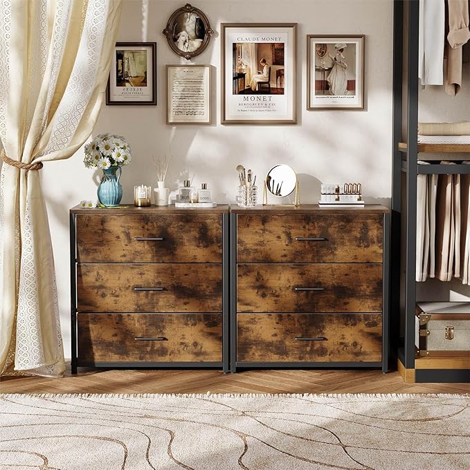 Nightstand, End Table, Bedside Table, Small Tall Dresser for Bedroom with 3 Storage Drawer, Chest of Drawers Fabric Dressers with Steel Frame, Wooden Top & Front for Living Room