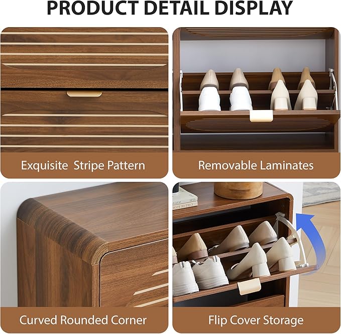 Narrow Shoe Storage Cabinet for Entryway with 4 Flip Drawers, Curved Edge Shoe Cabinet with Arched Stripe Panel, Freestanding Wood Shoe Organizer Closed Shoe Rack for Hallway, Foyer (Walnut)