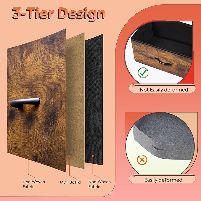 WLIVE Storage Organizer Unit with 13 Fabric Bins, Storage Drawers Organizer with Steel Frame, Tall Storage Tower Organizaton for Living Room, Hallway, Office, Rustic Brown Wood Grain Print