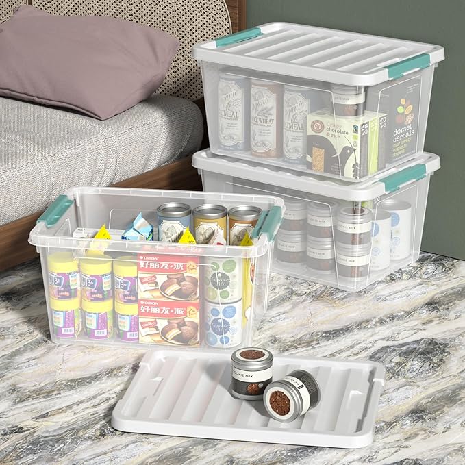 6 Packs 35 L Clear Plastic Latching Bins with Lids, Large Storage Tote Boxes