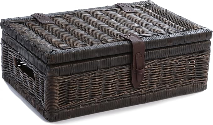 The Basket Lady Covered Wicker Storage Basket, Small, 17 in L x 11 in W x 6 in H, Antique Walnut Brown