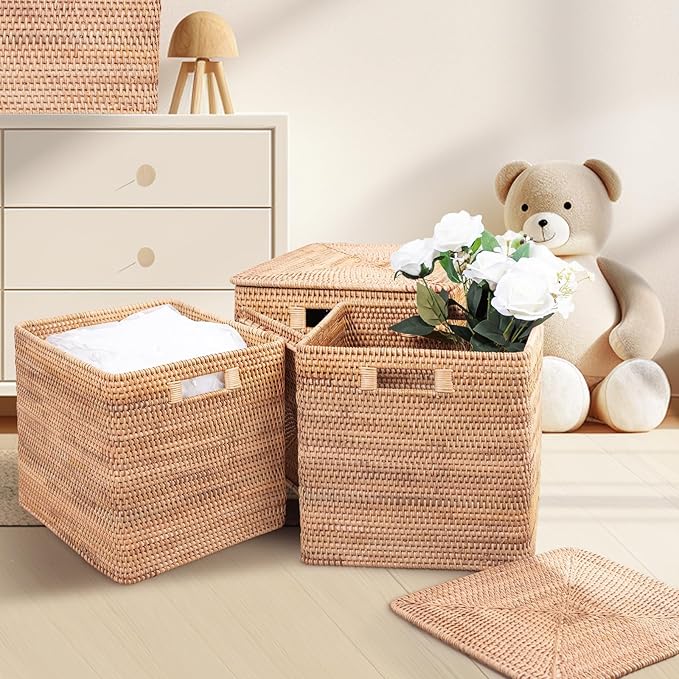 Rattan Basket With Lid, Large Lidded Basket For Storage (15.75" L×15.75"W×11.81"H)