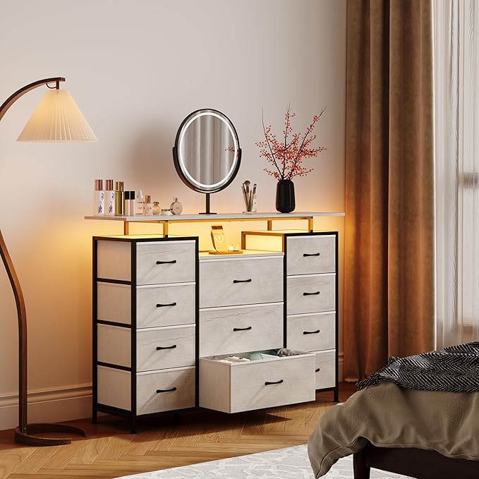 LUMTOK 11 Drawers Dresser with Fabric Drawers,Charging Station, LED Lights and Shelves for Bedroom Storage Organization (Greige)