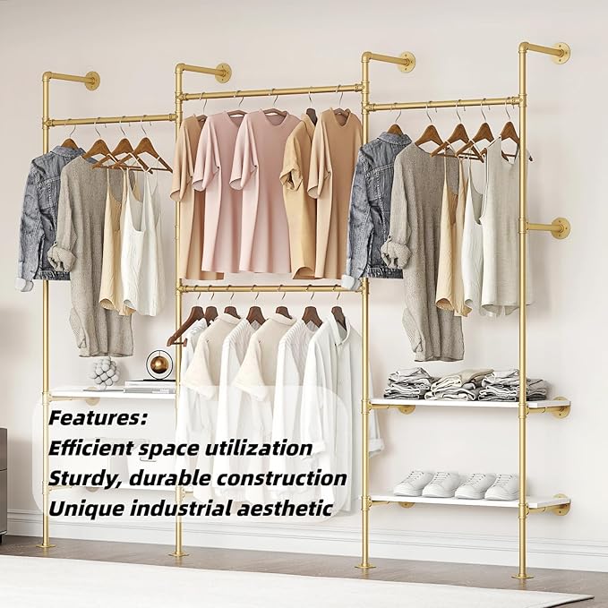 Industrial Pipe Clothing Rack, Wall Mounted Clothes Rack for Hanging Clothes, Retail Display Rack with Shelves, Add Corner installation Method (Gold, III-2Tier)