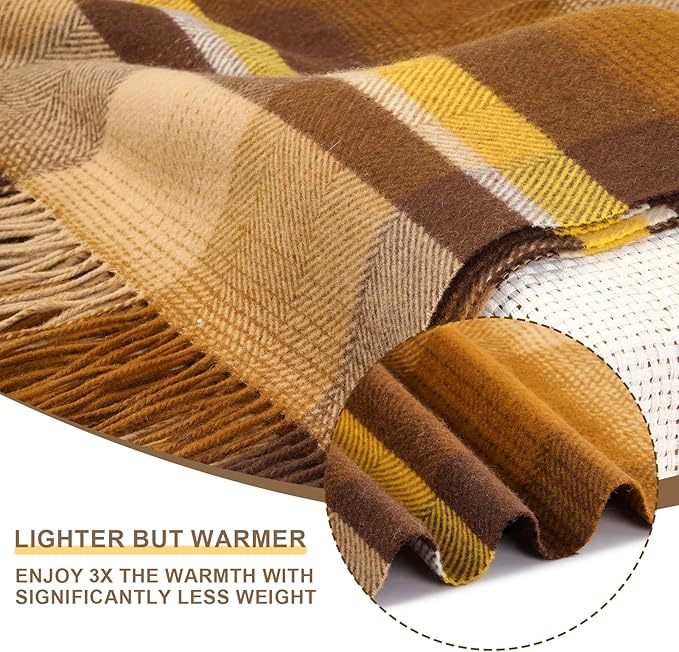 Coffee Brown Plaid Throw Blanket for Couch,100% Wool Throw Blanket for Home Decor, Soft Lightweight Cozy All Season Decorative Vintage Blankets for Travel,Bed, Sofa, Chair, Outdoor 55'' x 83''/2LBS
