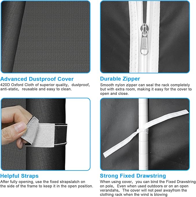 Ulif E13C Heavy Duty Closet Organizer System，Freestanding Clothing Racks for Hanging Clothes，Adjustable Garment Rack 63" W x 16" D x 77" H Hold 960 lbs，White Clothing Rack with Black Dustproof Cover