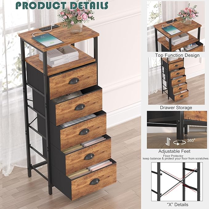 Nightstand with Charging Station,LED Night Stand with 5 Fabric Drawers, Bedside End Tables, 2-Tier Open Storage Shelf Side Table Nightstands with Drawers for Bedroom,Rustic Brown