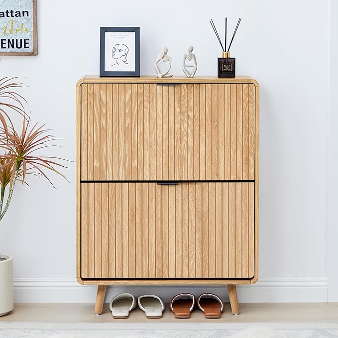 Narrow Shoe Cabinet for Entryway, Fluted Shoe Cabinet Storage with 2 Flip Drawers, Slim Shoes Rack Organizer (Natural)