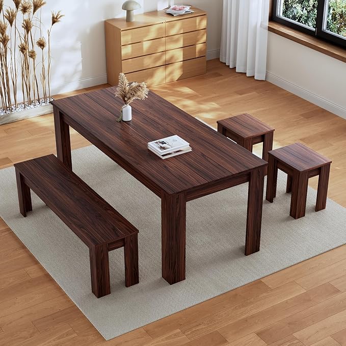 62.9" Wooden Dining Table with Bench and 2 Stools, Modern Kitchen Table and Chairs Set for 4 or 5 Person, Thickened MDF Wooden Table for Dining Room, Kitchen