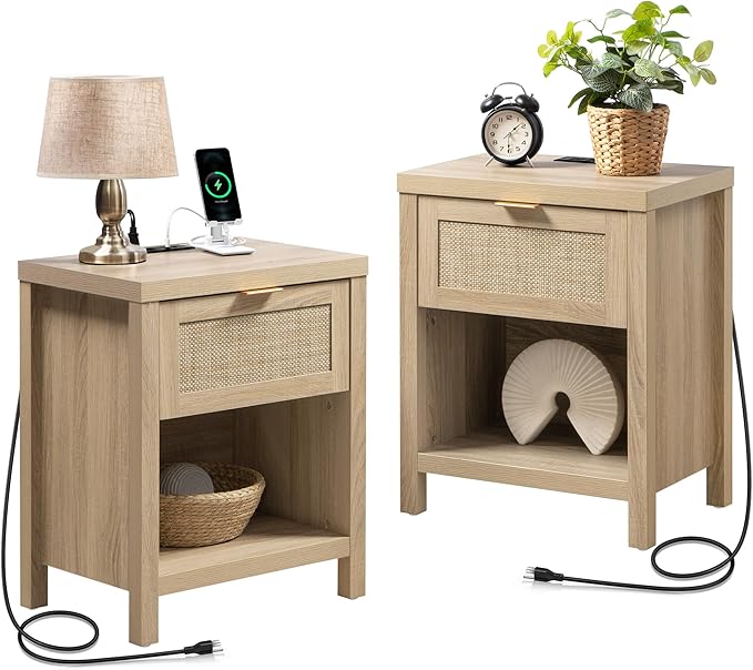 SICOTAS Rattan Nightstand, Farmhouse Night Stands with Drawer, Boho End Side Table for Bedroom, Small Space, Black Oak