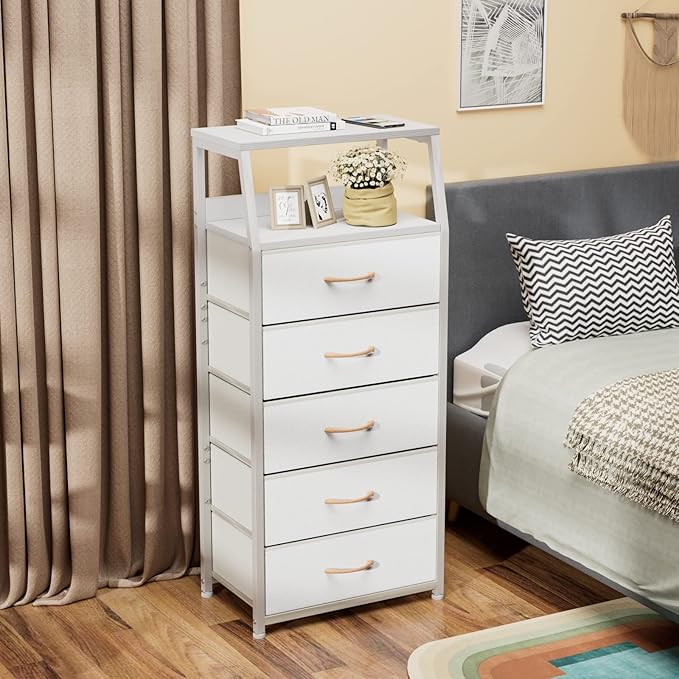 Furnulem White Dresser with 5 Drawers, Vertical Storage Tower Fabric Dresser for Bedroom, Hallway, Entryway, Nursery, Closet Organizer, Nightstand Bedside Table Furniture, Sturdy Steel Frame, Wood Top