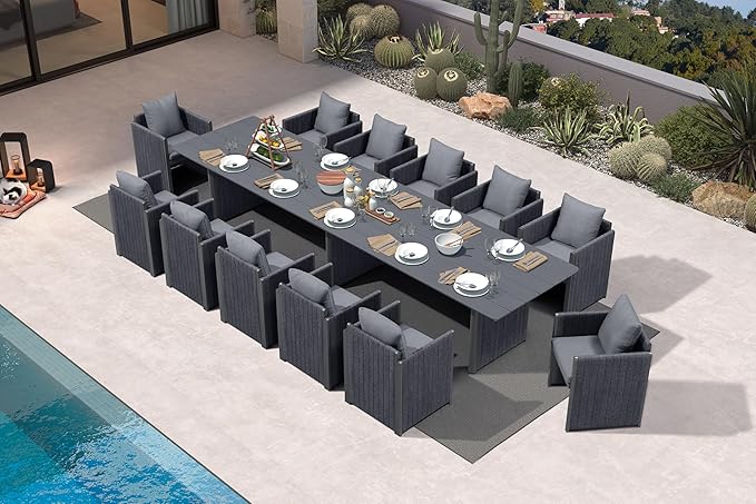 PURPLE LEAF 13 Pieces Outdoor Patio Dining Set Modern Extra Large Weather-Resistant Table and Aluminum Chairs with Olefin Fabric Cushions for Family Dinners Indoor Decor Kitchen Grey