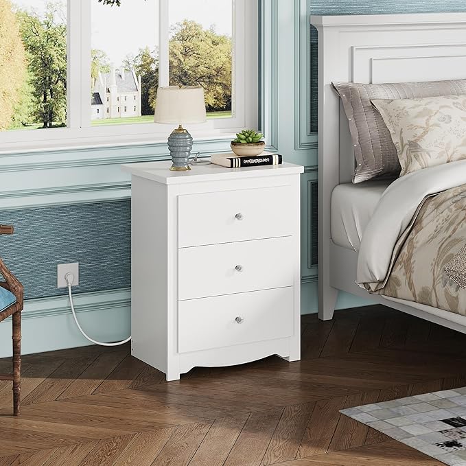 WLIVE Tall Nightstand with Charging Station, Wood Nightstand with 3 Drawers, White Side Tables Bedroom, Dorm, End Table with 2 USB Ports and 2 AC Outlets, Bedside Table