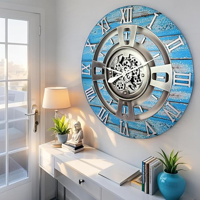 The Gears Clock Real Moving Gear Wall Clock England Line (Ocean Blue, 24 inches (60 cm))