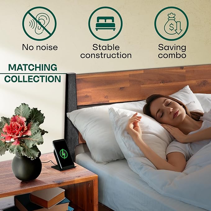 Acacia Callisto King Solid Wood Platform Bed Frame with Headboard – Gift Matching Nightstand Included, Mid-Century Modern, Black Ristretto, No Box Spring Needed, Sturdy, Easy Assembly