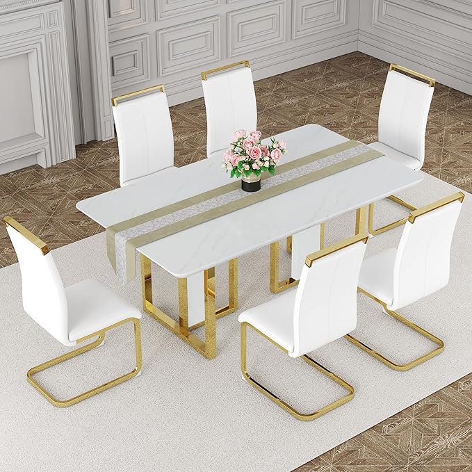 JUFU Dining Table Set for 6 with Chairs PU Upholstered, 67'' White Faux Marble Dining Room Table and Chairs, Modern 6 Chair Dining Table Set, Rectangle Dinner Table Set for Dining Room and Kitchen