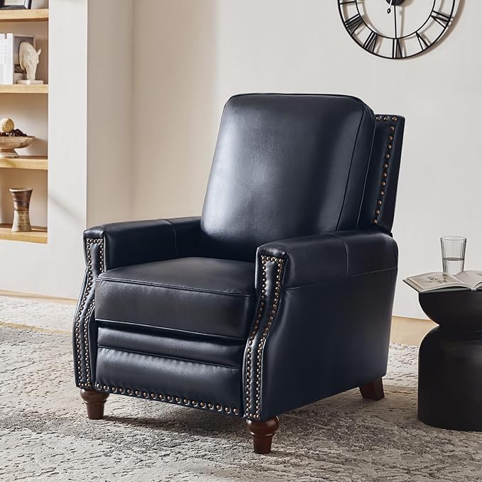 HULALA HOME Genuine Leather Recliner Chair, Classic Push Back Recliner Armchair with Thick Seat and Backrest (Navy)
