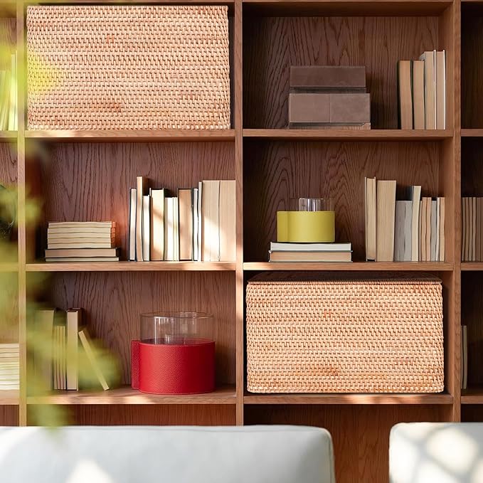 Rattan Basket With Lid, Large Lidded Basket For Storage(18.9" L×15.35"W×11.81"H)