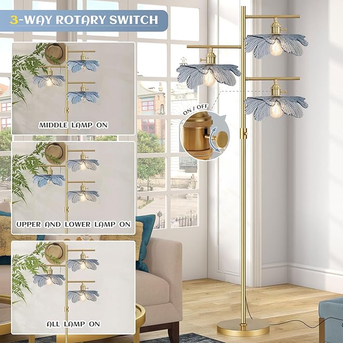 Gold Dimmable floor lamp tall lamp for living room corner ,vintage retro floor lamp Brass Tree Lamp Blue Glass Shade ,Standing Lamps mid century modern floor light for Bedroom corner Study Office