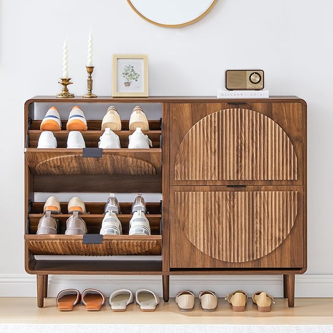Shoe Storage Cabinet for Entryway, Narrow Shoe Organizer Cabinet, 4 Flip-Down Drawers, Round Fluted Panel, Hidden Wood Slim Shoe Rack for Foyer, Hallway (Walnut)
