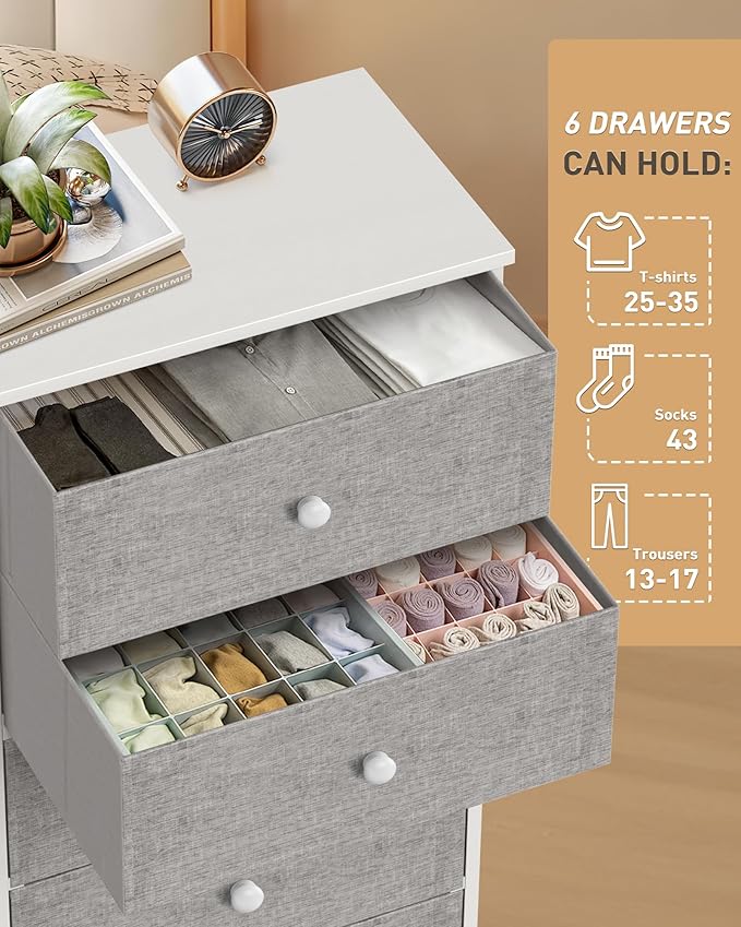 Tall Fabric Dresser for Bedroom, Vertical Storage Organizer Tower with 6 Drawers, Chest of Drawers with Bins, Steel Frame, Wood Top for Bedroom, Closet, Entryway Light Grey