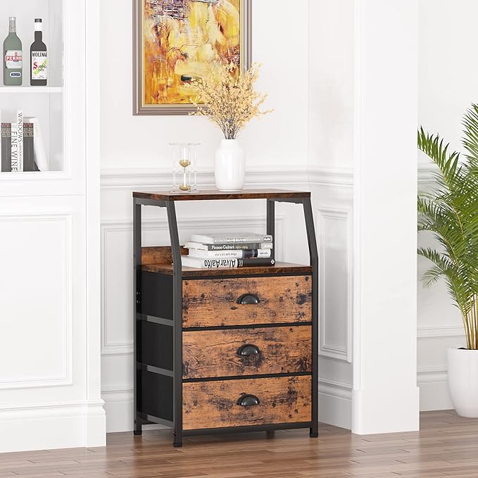 Furnulem Nightstand with 3 Drawers and 2-Tier Shelf, Fabric Small Dresser Organizer Vertical Storage Tower for Bedroom, Closet, Hallway, Nursery, End Table Side Furniture, Sturdy Steel Frame, Wood Top