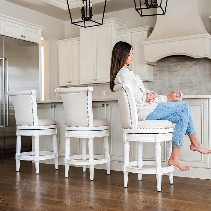 Maven Lane Pullman Counter Stool 26 Inches – Swivel Stool with Footrest – White Solid Wood Frame & Natural Fabric Upholstery – Perfect for Kitchen Islands & Counters