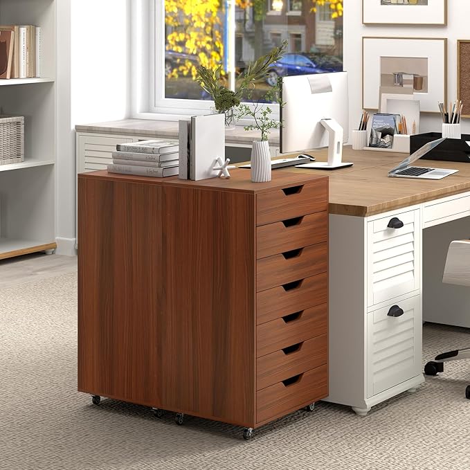 LOKO 7-Drawer Storage Cabinet, Versatile Drawer of Chest with Lockable Wheels, Mobile Office Lateral File Cabinet, for Home Office, Study (Walnut, 16" D x 19.5" W x 34.5" H)