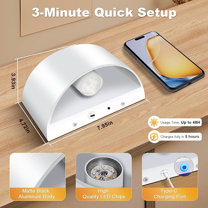 Wireless Wall Sconces Set of 2, 8000mAh White Battery Operated Wall Sconces Remote & Touch Control, 3 Color Temperatures, Timer Cordless Dimmable Light for Bedroom, Living Room, Hallway