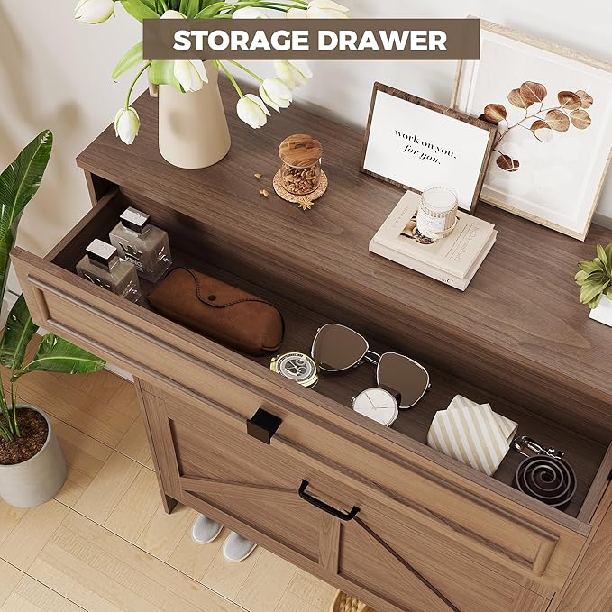 IRONCK Shoe Storage Cabinet with 2 Flip Drawers & Barn Door Design, Freestanding Shoe Cabinet Organizer with Drawer and Shelves for Entryway, Farmhouse Shoe Rack Cabinet,Dark Walnut