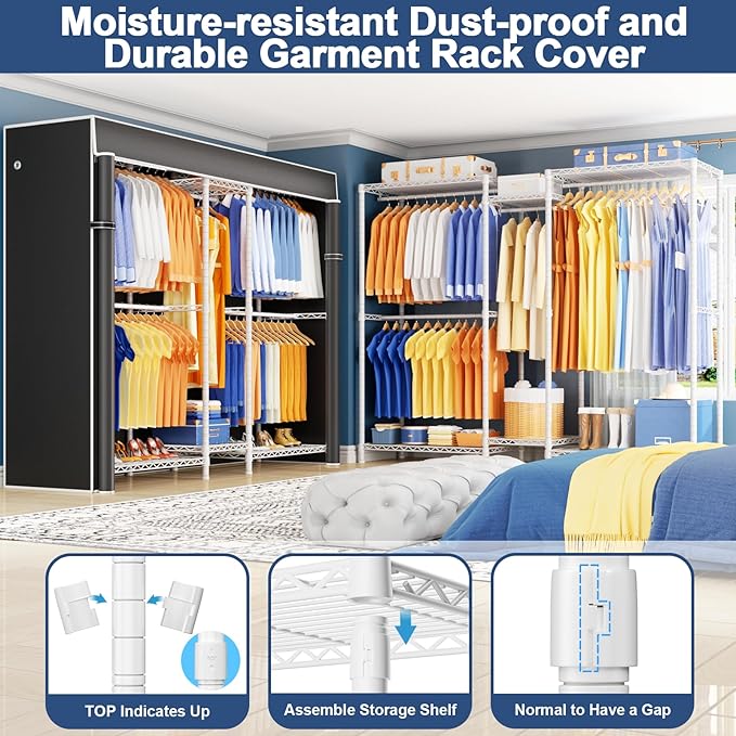Ulif E12C Heavy Duty Closet Organizer System，Freestanding Clothing Racks for Hanging Clothes，Adjustable Garment Rack 71" W x 16" D x 76.5" H Hold 960 lbs，White Clothing Rack with Black Dustproof Cover
