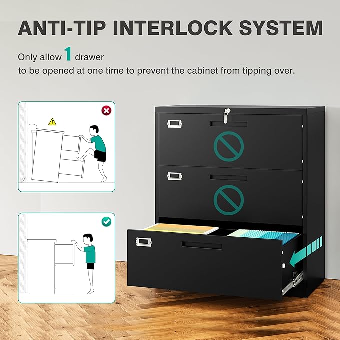 SISESOL 3 Drawer Lateral File Cabinet with Lock,Black Lateral Filing Cabinet,Horizontal Metal Filing Cabinet,Locked Wide Three Drawer File Cabinet for Office Home,Fit A4/F4/Letter/Legal File