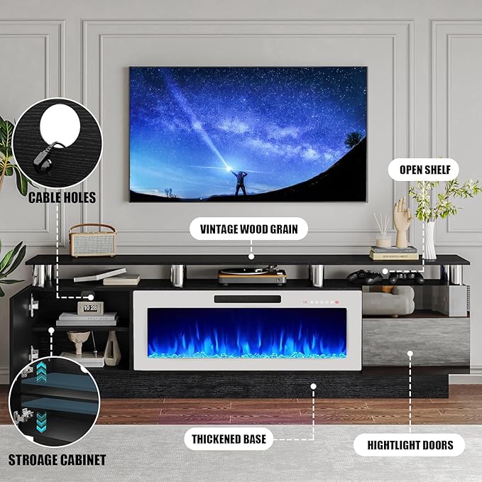 70" Modern Fireplace TV Stand with 36" Electric Fireplace for TVs Up to 80 inch, Luxury LED Light Entertainment Center with High Gloss Cabinet (Black + Silver Posts with White Fireplace)