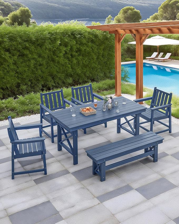 QUASCO Outdoor Patio Dining Set for 6, HDPE Dining Furniture Set with Umbrella Hole Cut-Out Table and 4 Chairs and 1 Bench, All Weather Outdoor Dining Bench Sets for Garden, Deck, Navy Blue